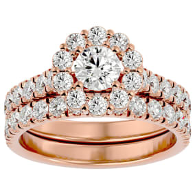 Moissanite Engagement Ring; 2 Carat Halo Moissanite Bridal Set In 14 Karat Rose Gold