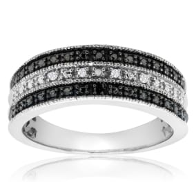 0.05 Carat Black and White Diamond Crossover Band Ring In Sterling Silver. 80% Lower Than Sold In Stores!