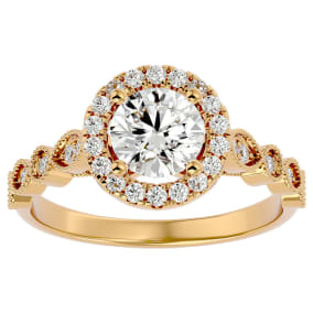 Moissanite Engagement Ring; 1 1/3 Carat Halo Moissanite Engagement Ring In 14 Karat Yellow Gold