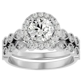 1 1/2 Carat Halo Moissanite Bridal Set In 14 Karat White Gold
