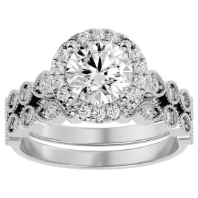 2 Carat Halo Moissanite Bridal Set In 14 Karat White Gold