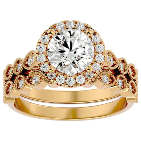 2 Carat Halo Moissanite Bridal Set In 14 Karat Yellow Gold