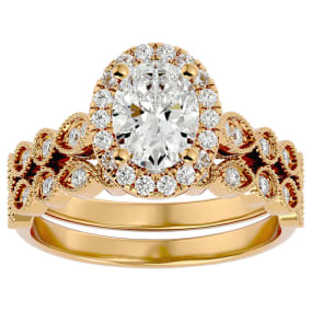 1 1/2 Carat Oval Shape Moissanite Bridal Set In 14 Karat Yellow Gold