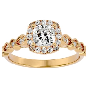 Moissanite Engagement Ring; 1 1/3 Carat Cushion Cut Moissanite Engagement Ring In 14 Karat Yellow Gold