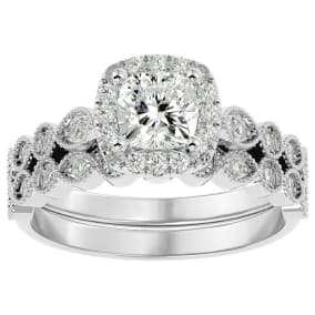 Moissanite Engagement Ring; 1 1/2 Carat Cushion Cut Moissanite Bridal Set In 14 Karat White Gold