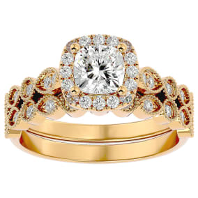 Moissanite Engagement Ring; 1 1/2 Carat Cushion Cut Moissanite Bridal Set In 14 Karat Yellow Gold