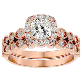 Moissanite Engagement Ring; 1 1/2 Carat Cushion Cut Moissanite Bridal Set In 14 Karat Rose Gold