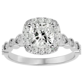 Moissanite Engagement Ring; 1 3/4 Carat Cushion Cut Moissanite Engagement Ring In 14 Karat White Gold