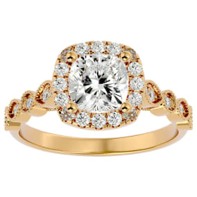 Moissanite Engagement Ring; 1 3/4 Carat Cushion Cut Moissanite Engagement Ring In 14 Karat Yellow Gold