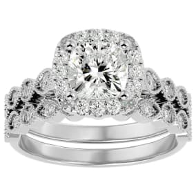 Moissanite Engagement Ring; 2 Carat Cushion Cut Moissanite Bridal Set In 14 Karat White Gold