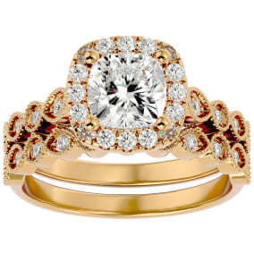 2 Carat Cushion Cut Moissanite Bridal Set In 14 Karat Yellow Gold