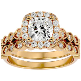 Moissanite Engagement Ring; 2 Carat Cushion Cut Moissanite Bridal Set In 14 Karat Yellow Gold