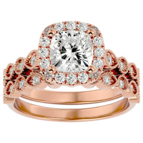 Moissanite Engagement Ring; 2 Carat Cushion Cut Moissanite Bridal Set In 14 Karat Rose Gold