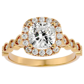 Moissanite Engagement Ring; 2 1/2 Carat Cushion Cut Moissanite Engagement Ring In 14 Karat Yellow Gold