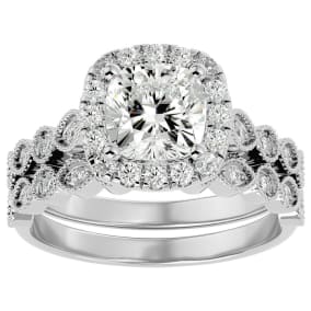 2 1/2 Carat Cushion Cut Moissanite Bridal Set In 14 Karat White Gold