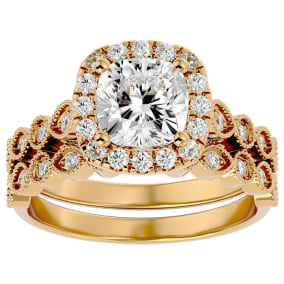Moissanite Engagement Ring; 2 1/2 Carat Cushion Cut Moissanite Bridal Set In 14 Karat Yellow Gold