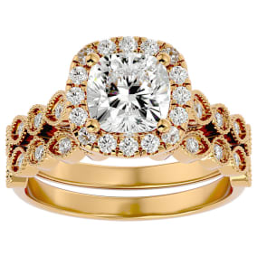 2 1/2 Carat Cushion Cut Moissanite Bridal Set In 14 Karat Yellow Gold