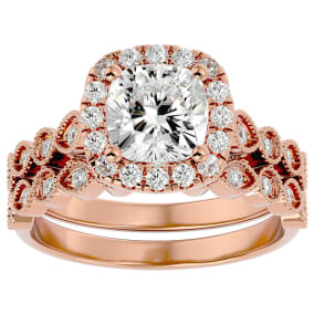 Moissanite Engagement Ring; 2 1/2 Carat Cushion Cut Moissanite Bridal Set In 14 Karat Rose Gold