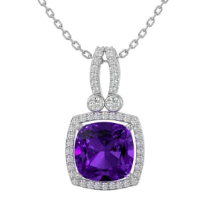 3 Carat Cushion Cut Amethyst and Halo Diamond Necklace In 14 Karat White Gold, 18 Inches