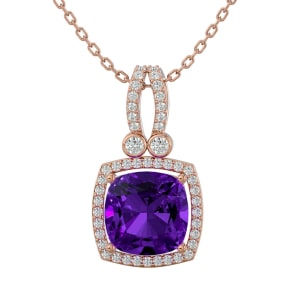 3 Carat Cushion Cut Amethyst and Halo Diamond Necklace In 14 Karat Rose Gold, 18 Inches