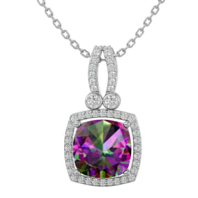 3-3/4 Carat Cushion Shape Mystic Topaz Necklace With Diamond Halo In 14 Karat White Gold, 18 Inches