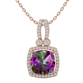 3 3/4 Carat Cushion Cut Mystic Topaz and Halo Diamond Necklace In 14 Karat Rose Gold, 18 Inches