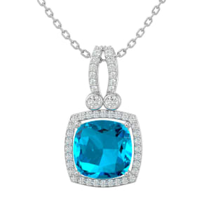 3 3/4 Carat Cushion Cut Blue Topaz and Halo Diamond Necklace In 14 Karat White Gold, 18 Inches