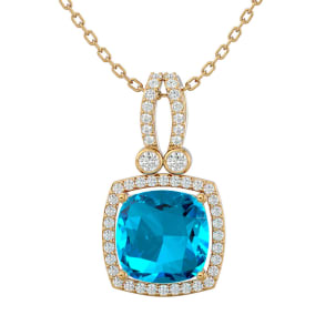 3 3/4 Carat Cushion Cut Blue Topaz and Halo Diamond Necklace In 14 Karat Yellow Gold, 18 Inches