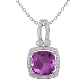 3 3/4 Carat Cushion Cut Pink Topaz and Halo Diamond Necklace In 14 Karat White Gold, 18 Inches