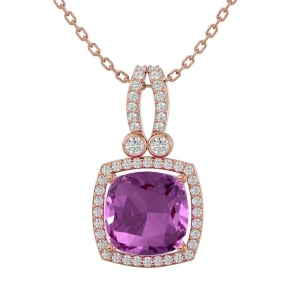 3 3/4 Carat Cushion Cut Pink Topaz and Halo Diamond Necklace In 14 Karat Rose Gold, 18 Inches