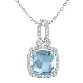 Aquamarine Necklace: Aquamarine Jewelry: 3 Carat Cushion Cut Aquamarine and Halo Diamond Necklace In 14 Karat White Gold, 18 Inches