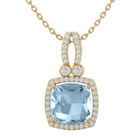 Aquamarine Necklace: Aquamarine Jewelry: 3 Carat Cushion Cut Aquamarine and Halo Diamond Necklace In 14 Karat Yellow Gold, 18 Inches