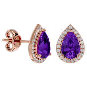 2 1/3 Carat Amethyst and Diamond Pear Shape Stud Earrings In 14 Karat Rose Gold 