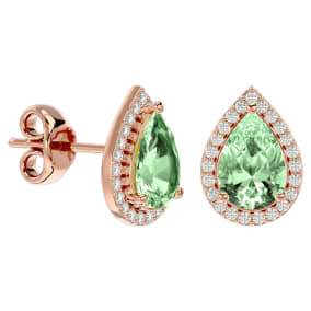 2 1/3 Carat Green Amethyst and Diamond Pear Shape Stud Earrings In 14 Karat Rose Gold 