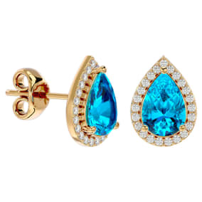 3 1/4 Carat Blue Topaz and Diamond Pear Shape Stud Earrings In 14 Karat Yellow Gold 