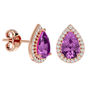 3 1/4 Carat Pink Topaz and Diamond Pear Shape Stud Earrings In 14 Karat Rose Gold 
