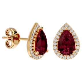 Garnet Earrings: Garnet Jewelry: 2 1/3 Carat Garnet and Diamond Pear Shape Stud Earrings In 14 Karat Yellow Gold 