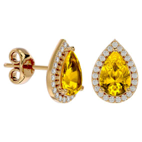 2 1/3 Carat Citrine and Diamond Pear Shape Stud Earrings In 14 Karat Yellow Gold 