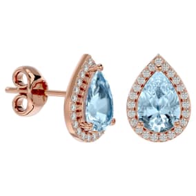 Aquamarine Earrings: Aquamarine Jewelry: 2 1/2 Carat Aquamarine and Diamond Pear Shape Stud Earrings In 14 Karat Rose Gold 