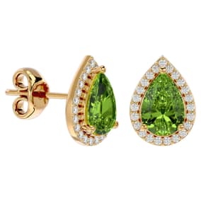 2.85 Carat Peridot and Diamond Pear Shape Stud Earrings In 14 Karat Yellow Gold 