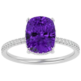 2 3/4 Carat Antique Cushion Shape Amethyst and Hidden Halo Diamond Ring In 14 Karat White Gold