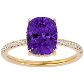 2 3/4 Carat Antique Cushion Shape Amethyst and Hidden Halo Diamond Ring In 14 Karat Yellow Gold