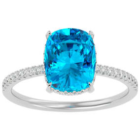 3 3/4 Carat Antique Cushion Shape Blue Topaz and Hidden Halo Diamond Ring In 14 Karat White Gold