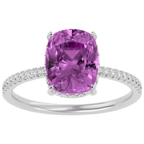 3 3/4 Carat Antique Cushion Shape Pink Topaz and Hidden Halo Diamond Ring In 14 Karat White Gold