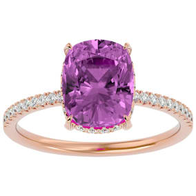 3 3/4 Carat Antique Cushion Shape Pink Topaz and Hidden Halo Diamond Ring In 14 Karat Rose Gold