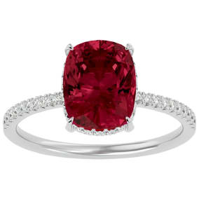 3 3/4 Carat Antique Cushion Shape Garnet and Hidden Halo Diamond Ring In 14 Karat White Gold