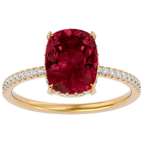 Garnet Ring: Garnet Jewelry: 3 3/4 Carat Antique Cushion Shape Garnet and Hidden Halo Diamond Ring In 14 Karat Yellow Gold