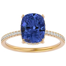 3 3/4 Carat Antique Cushion Shape Tanzanite and Hidden Halo Diamond Ring In 14 Karat Yellow Gold