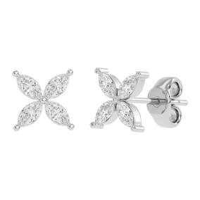 1/2 Carat Natural Marquise Shape Diamond Cluster Stud Earrings In 14 Karat White Gold