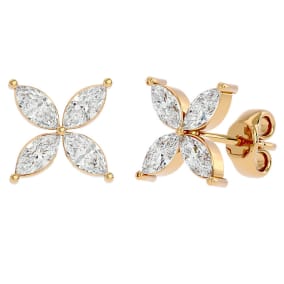 2 Carat Natural Marquise Shape Diamond Cluster Stud Earrings In 14 Karat Yellow Gold